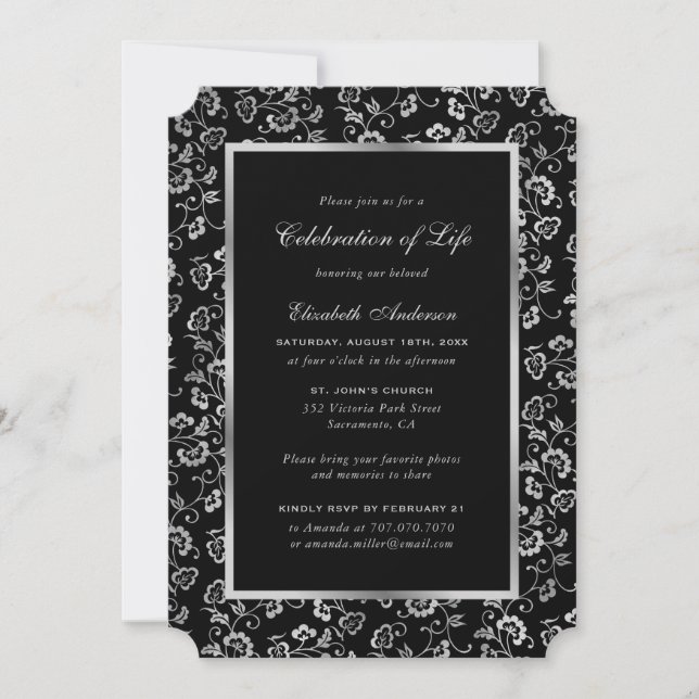 Black Silver Floral Photo Celebration of Life Invitation (Front)