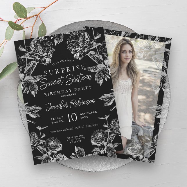 Black Silver Floral Photo SURPRISE Sweet 16   Invitation (Black Silver Floral Photo SURPRISE Sweet 16 Invitation)