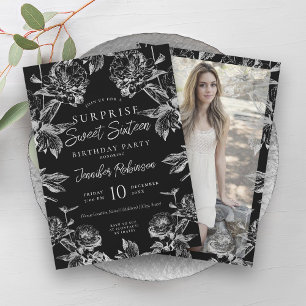 Black Silver Floral Photo SURPRISE Sweet 16 Invitation