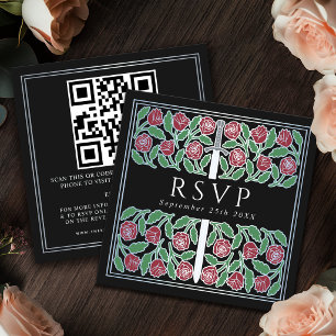 Black Silver Floral Royal Wedding RSVP QR Code Enclosure Card