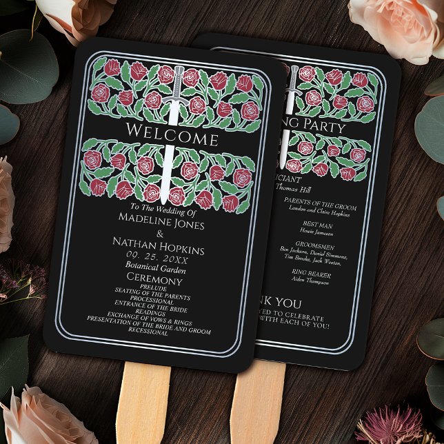 Black Silver Floral Sword Royal Wedding Program Hand Fan (Creator Uploaded)