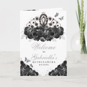 Black & Silver Floral Tiara Quinceanera Program Invitation