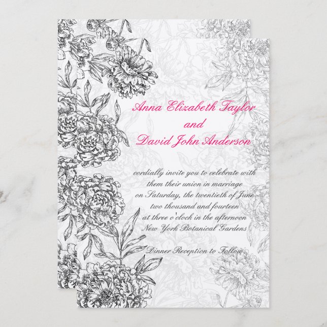 Black SIlver Floral Wedding Invitations Pink (Front/Back)