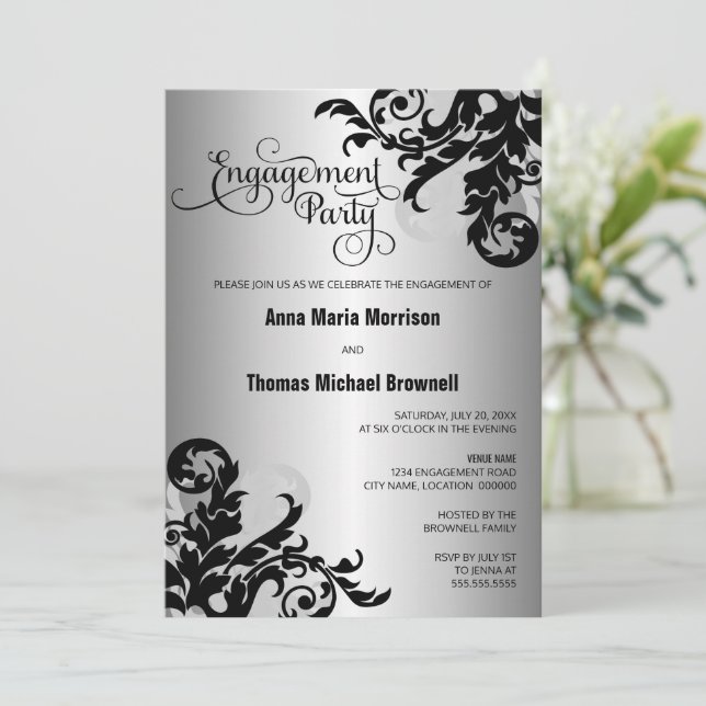 Black Silver Flourish Engagement Party Invitation (Standing Front)