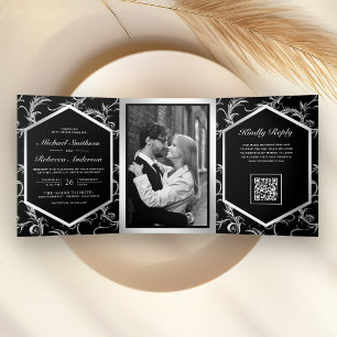 Black Silver Flourish Swirl Photo QR Code Wedding Tri-Fold Invitation