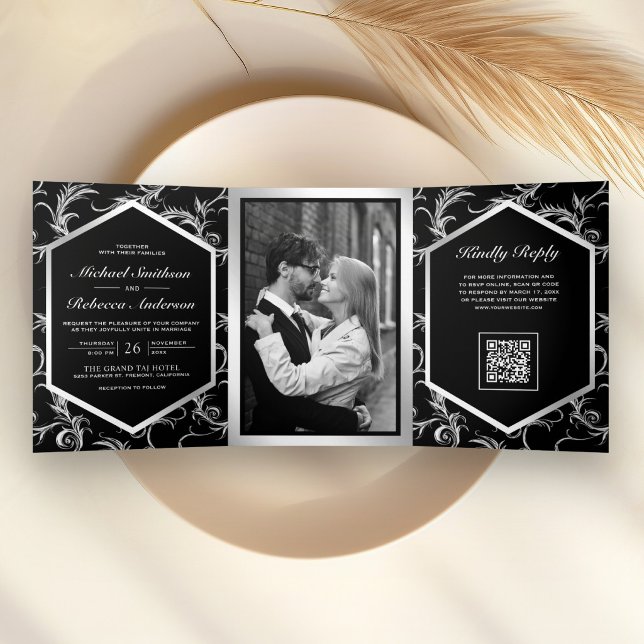 Black Silver Flourish Swirl Photo QR Code Wedding Tri-Fold Invitation (Creator Uploaded)