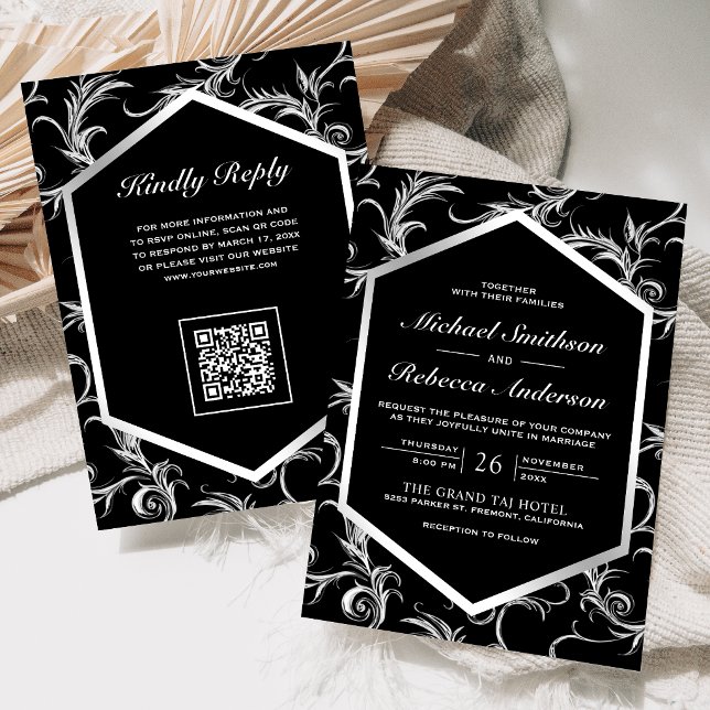 Black Silver Flourish Swirl QR Code Wedding Invitation (Creator Uploaded)