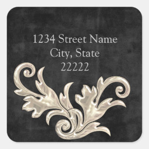 Black Silver Flourishes Return Address Square Sticker
