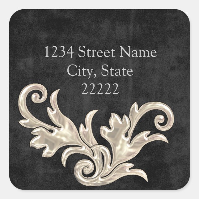 Black Silver Flourishes Return Address Square Sticker (Front)