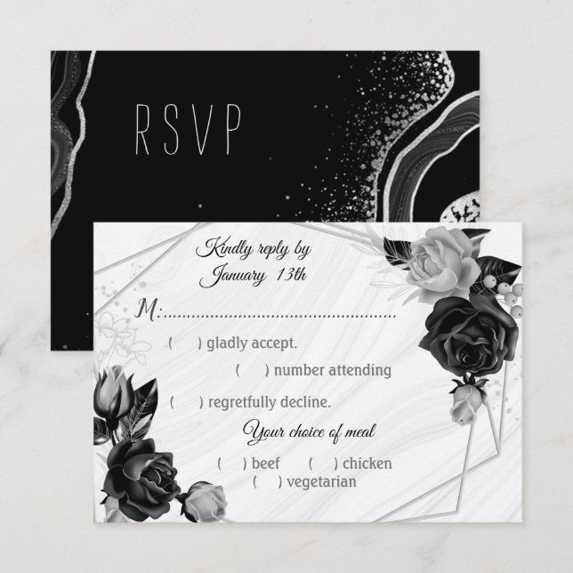 black & silver flowers meal choice RSVP card (Front/Back)