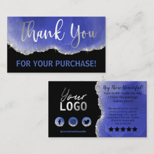 Black Silver Foil Glitter Blue Agate Thank You Business Card