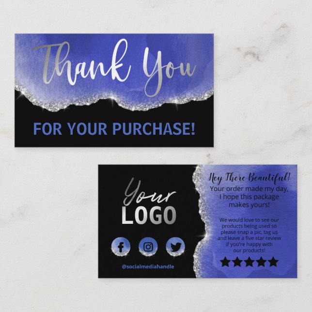 Black Silver Foil Glitter Blue Agate Thank You Business Card (Front/Back)