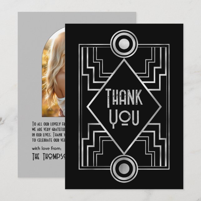 Black & Silver Gatsby-Inspired Art Deco Wedding Thank You Card (Front/Back)
