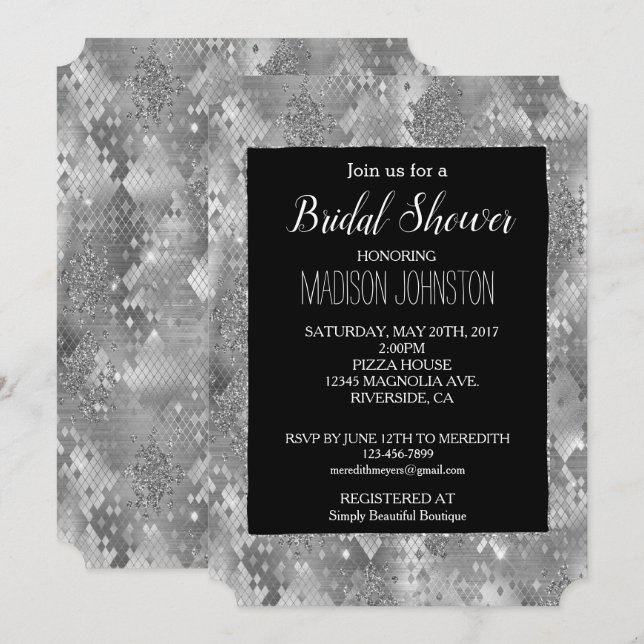 Black Silver Glam Glitter Snake Skin Invitation (Front/Back)