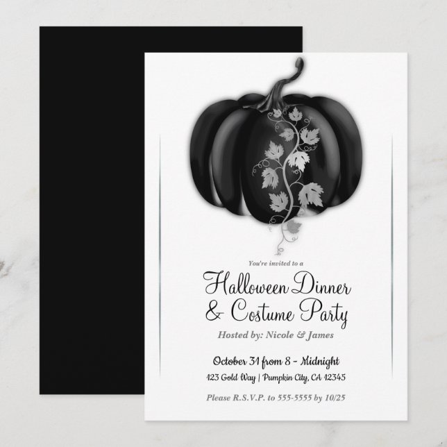 Black & Silver Glam Pumpkin Halloween Dinner Party Invitation (Front/Back)