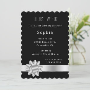 Black Silver Glam Ribbon and Bow Birthday Invitation