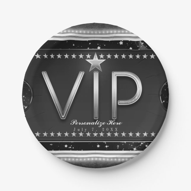 Black & Silver Glam Stars VIP Ticket Custom Party Paper Plate (Front)