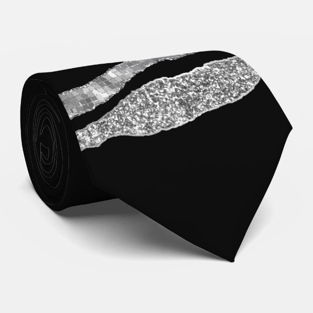 Black silver glitter accent elegant grooms chic tie (Rolled)