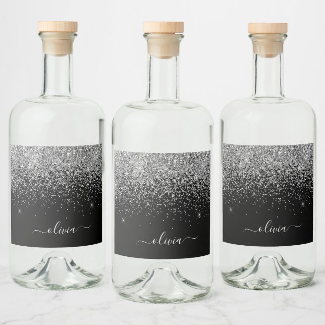 Black Silver Glitter Chic Monogram Name Liquor Bottle Label (Bottles)