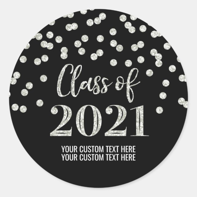 Black Silver Glitter Confetti Graduation 2021 Classic Round Sticker (Front)