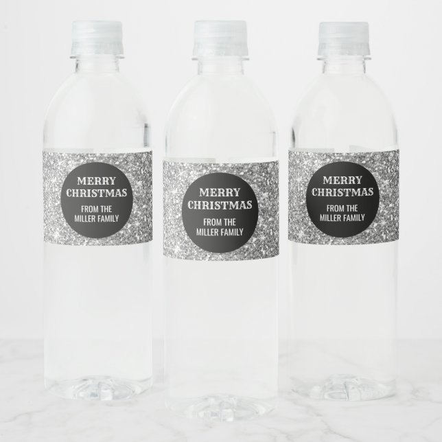 Black Silver Glitter Custom Merry Christmas Water Bottle Label (Bottles)