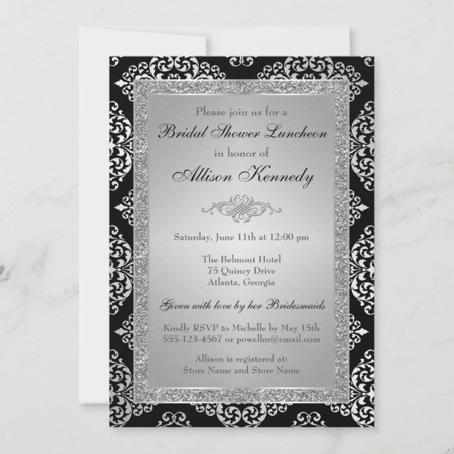 Black, Silver Glitter Damask Bridal Shower Invite (Front)