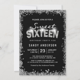 Black Silver Glitter Diamond Sweet 16 Sixteen Invitation