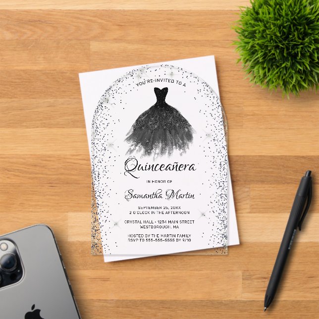 Black Silver Glitter Dress Quinceañera Party Acrylic Invitations (Insitu (Invitation Card))