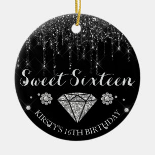 Black Silver Glitter Drip Diamond Sweet Sixteen Ceramic Tree Decoration