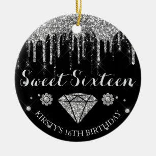 Black Silver Glitter Drip Diamond Sweet Sixteen Ceramic Tree Decoration