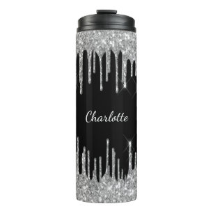Black silver glitter drips custom monogram name thermal tumbler