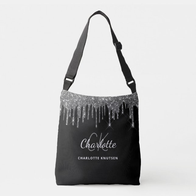 Black silver glitter drips monogram initials crossbody bag (Front)