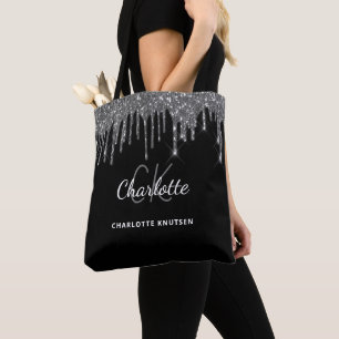 Black silver glitter drips monogram initials tote bag