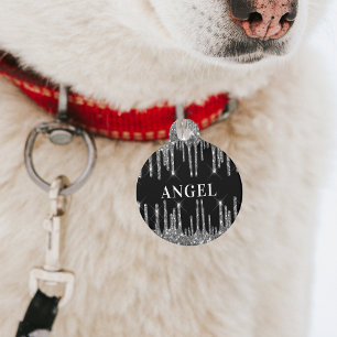 Black silver glitter drips monogram name girl dog pet tag