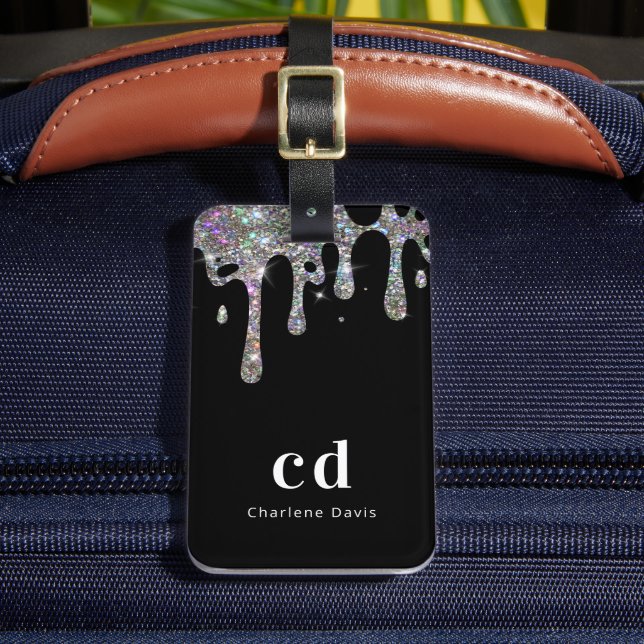 Black silver glitter drips monogram name luggage tag (Front Insitu 2)