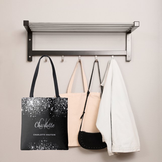 Black silver glitter dust monogram initials  tote bag (Creator Uploaded)