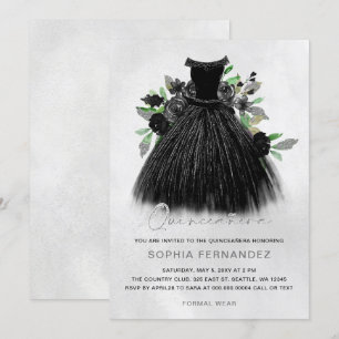 Black Silver Glitter Floral Dress Quinceañera Invitation