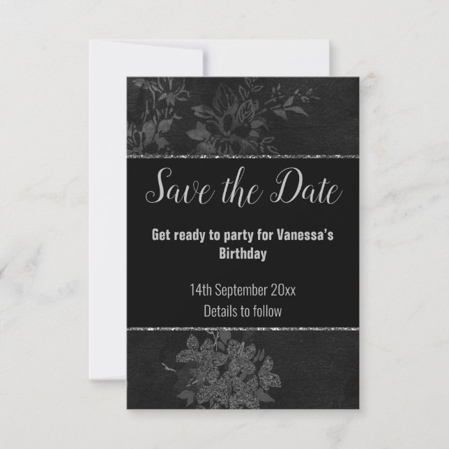BLACK SILVER GLITTER  FLORAL PATTERN SAVE THE DATE RSVP CARD (Front)