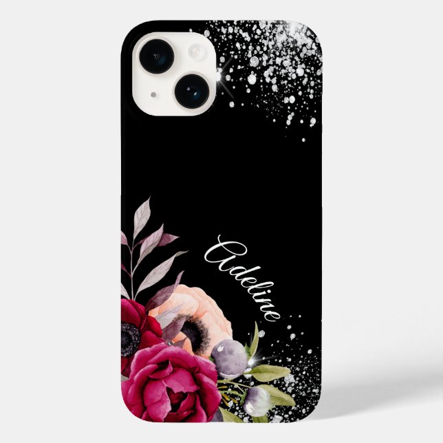 Black silver glitter flowers burgundy name Case-Mate iPhone case (Back)