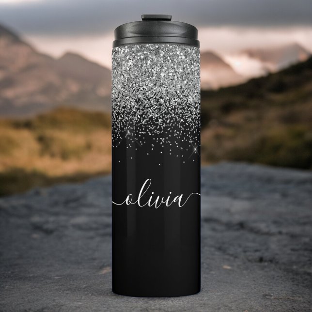 Black Silver Glitter Girly Fitness Monogram Name Thermal Tumbler (Creator Uploaded)
