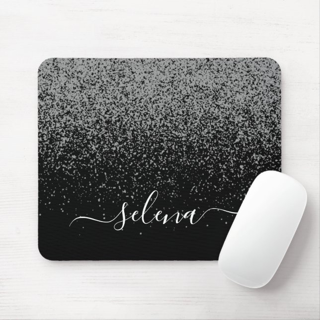 Black Silver Glitter Girly Monogram Mouse Mat (With Mouse)