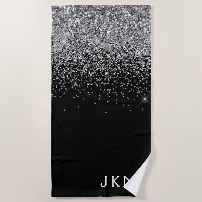 Black Silver Glitter Girly Monogram Name Beach Towel (Front)