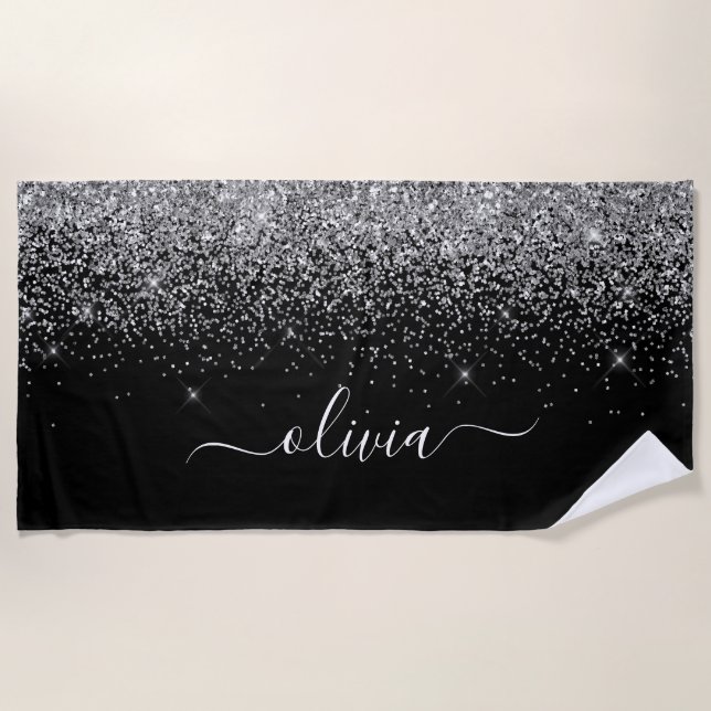 Black Silver Glitter Girly Monogram Name Beach Towel (Front)