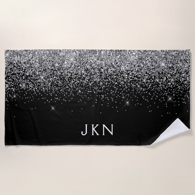 Black Silver Glitter Girly Monogram Name Beach Towel (Front)