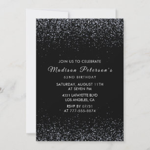 Black Silver Glitter Glam Chic 62nd birthday Invitation