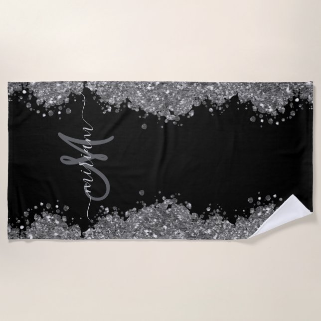 Black Silver Glitter Grey Modern Monogram Beach Towel (Front)