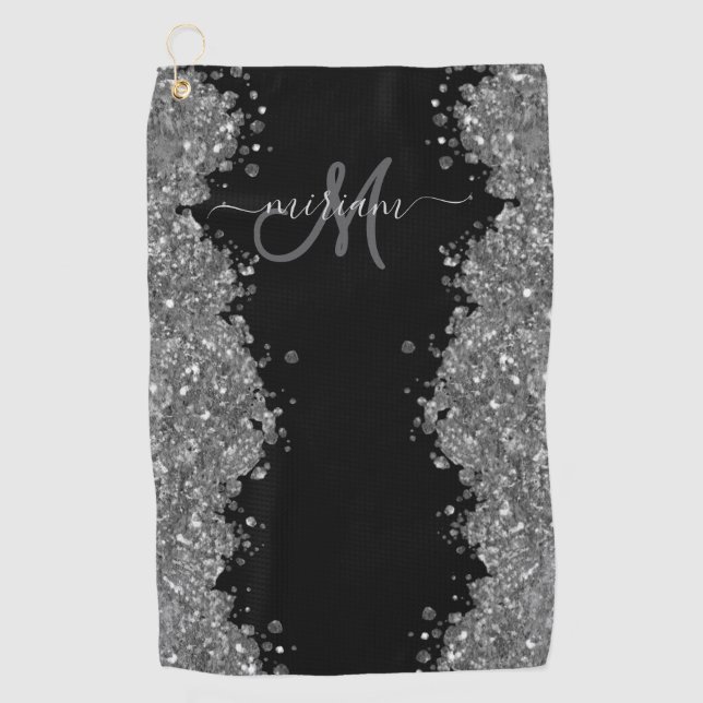 Black Silver Glitter Grey Modern Monogram Golf Towel (Front)