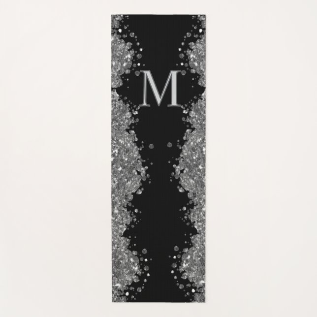 Black Silver Glitter Grey Modern Monogram Yoga Mat (Front)
