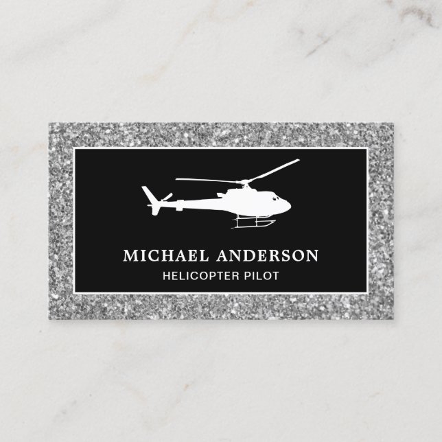 Black Silver Glitter Helicopter Pilot Business Card (Front)