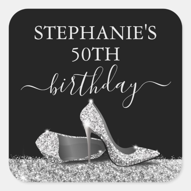 Black Silver Glitter High Heels Birthday Favour Square Sticker (Front)